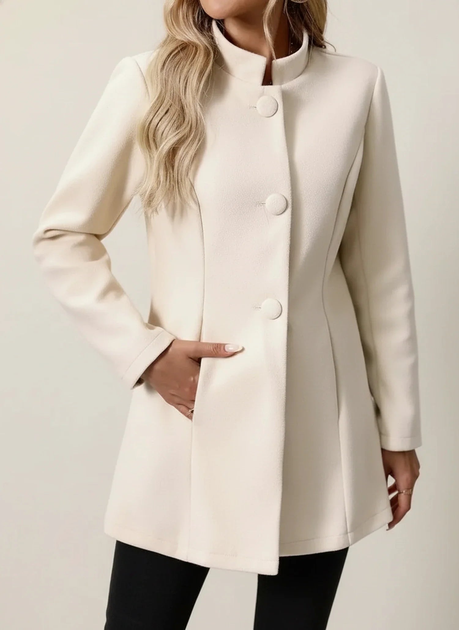 A Line Jacket with Mandarin Collar in Beige - back view
