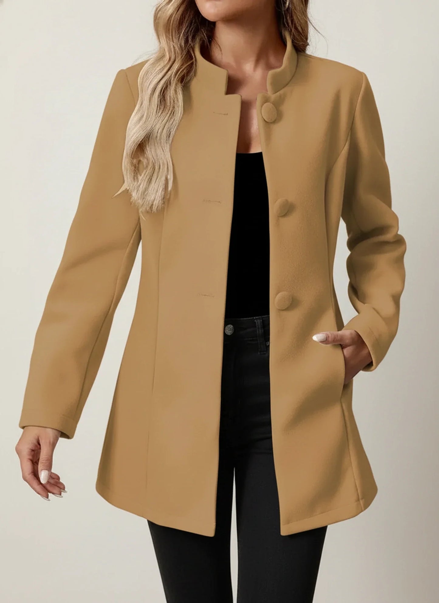 A Line Jacket with Mandarin Collar in Beige - image 7
