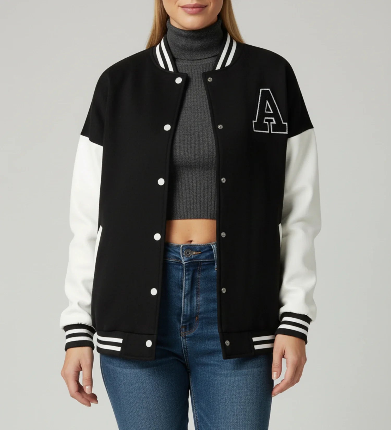 Varsity Jacket with Applique Letters in Black - side view