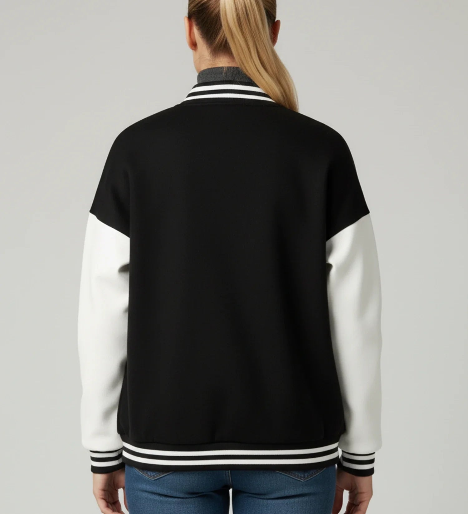 Varsity Jacket with Applique Letters in Black - back view