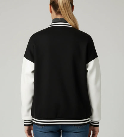 Varsity Jacket with Applique Letters in Black - back view