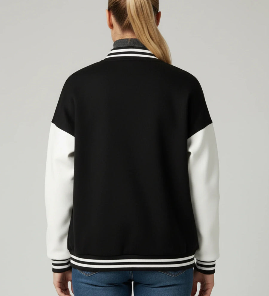 Luvrefashion | Varsity Jacket with Applique Letters in Black - back view