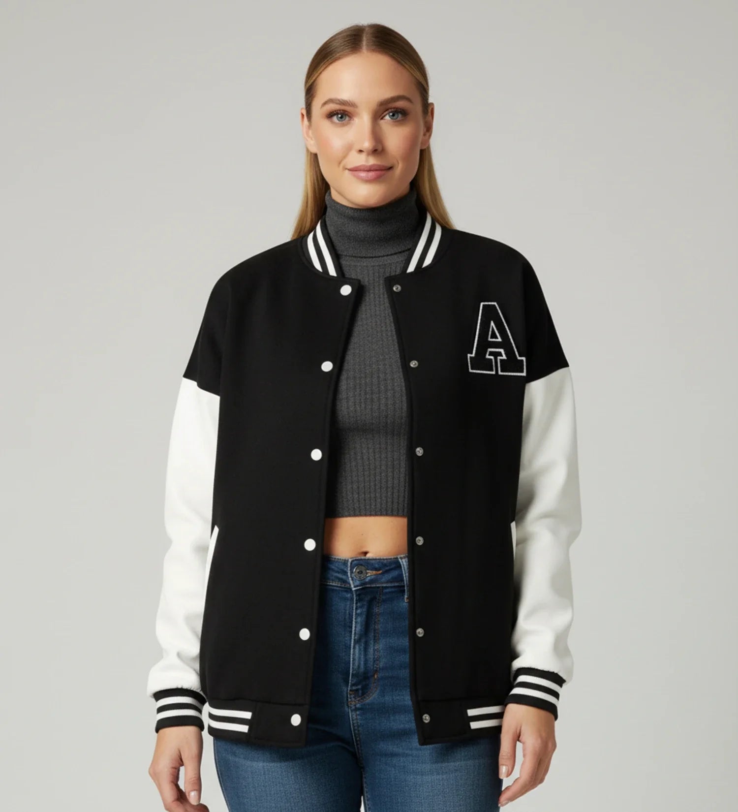Varsity Jacket with Applique Letters in Black - front view