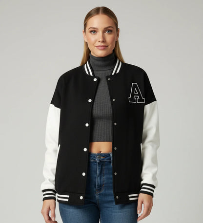 Varsity Jacket with Applique Letters in Black - front view