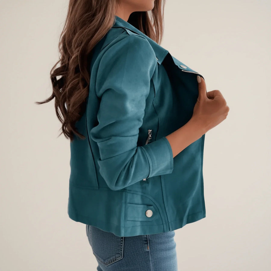 Luvrefashion | Asymmetrical Moto Jacket in Blue - side view