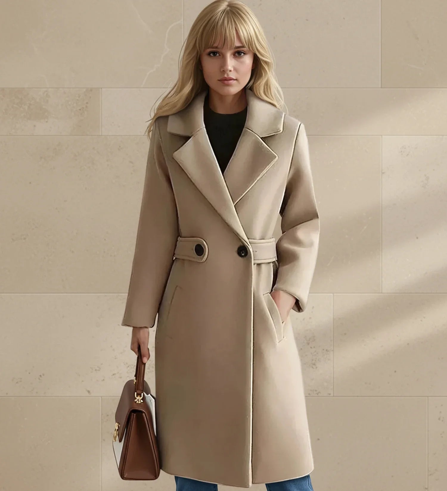 Wide Lapel Tailored Coat with Belt in Camel - front view