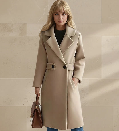 Wide Lapel Tailored Coat with Belt in Camel - front view