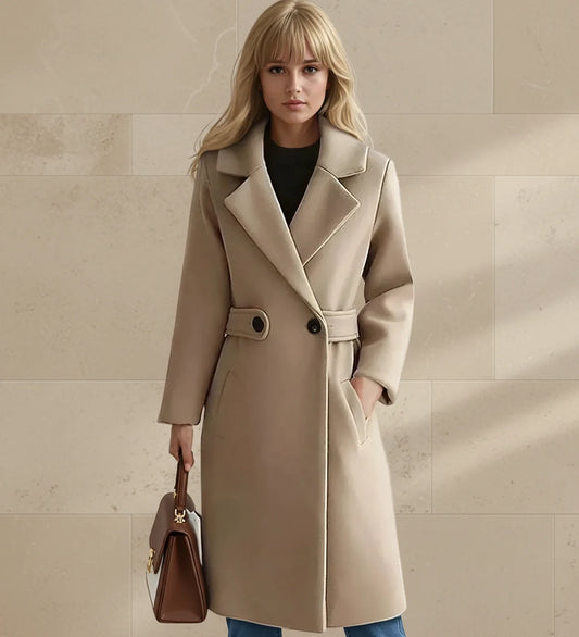 Wide Lapel Tailored Coat with Belt in Camel - front view