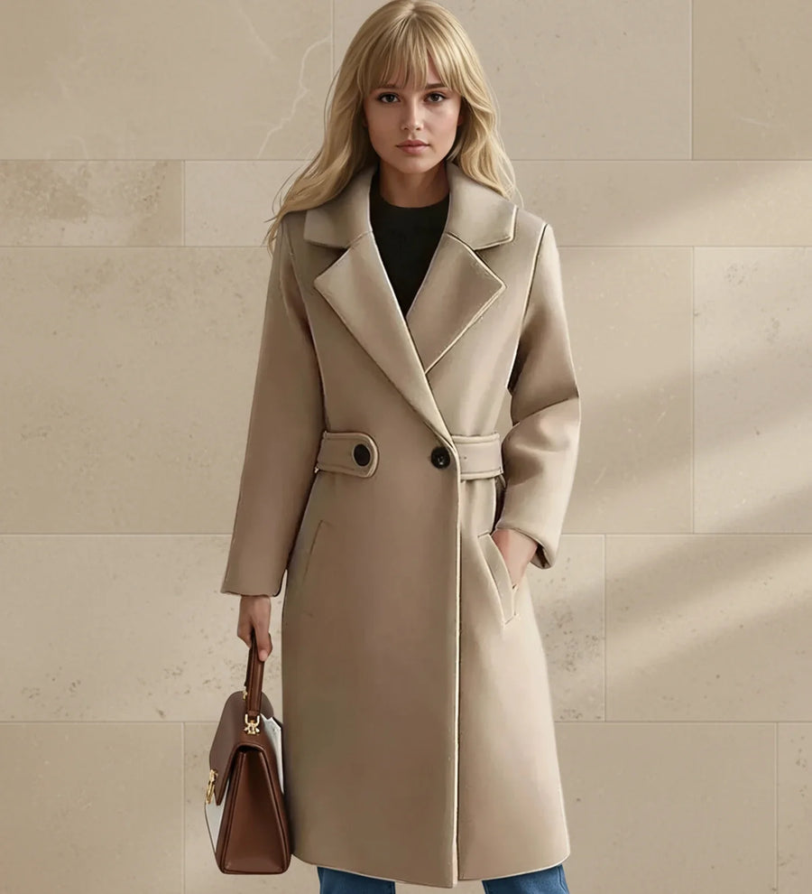 Luvrefashion | Wide Lapel Tailored Coat with Belt in Camel - front view
