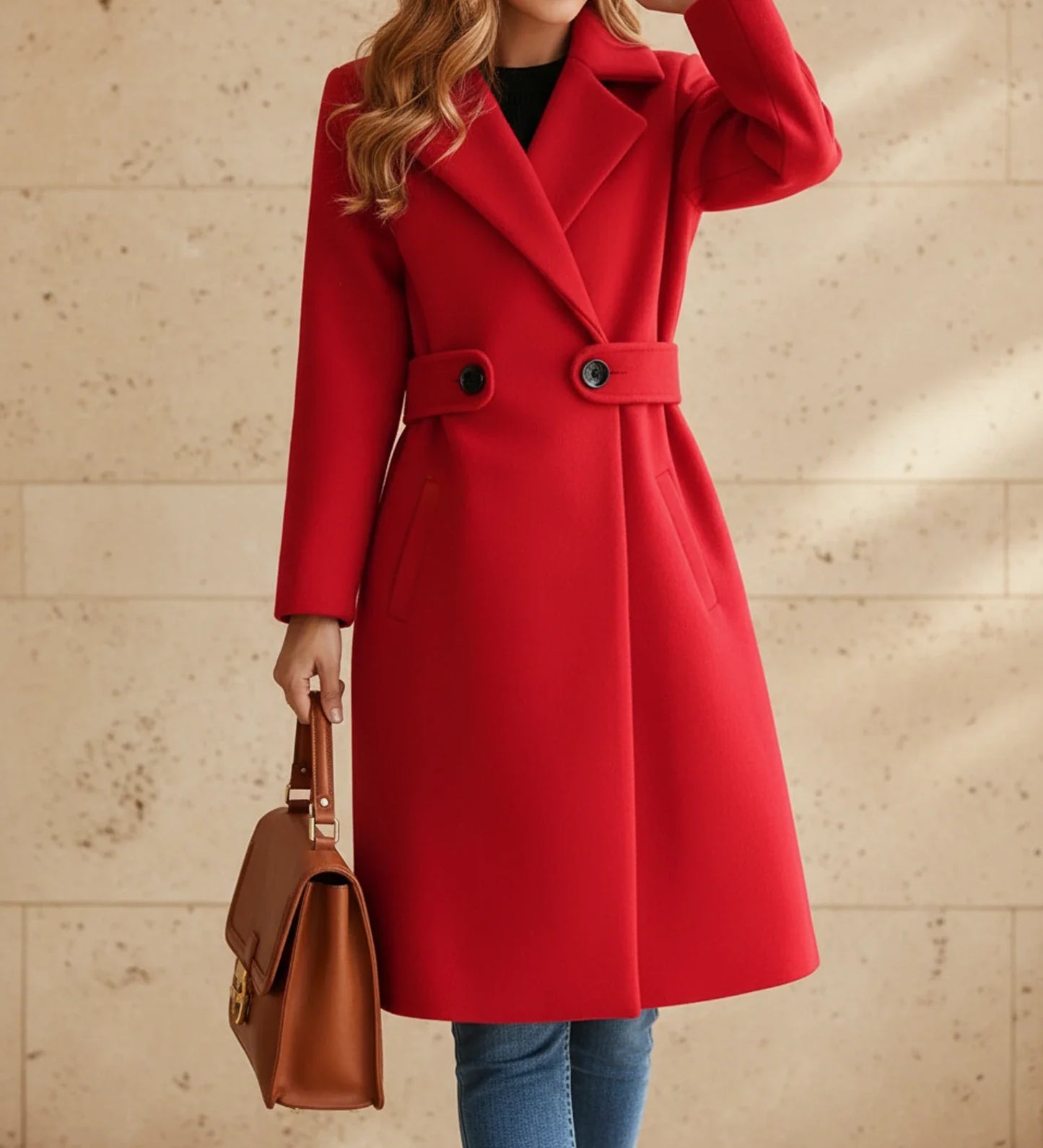 Wide Lapel Tailored Coat with Belt in Camel - styled look