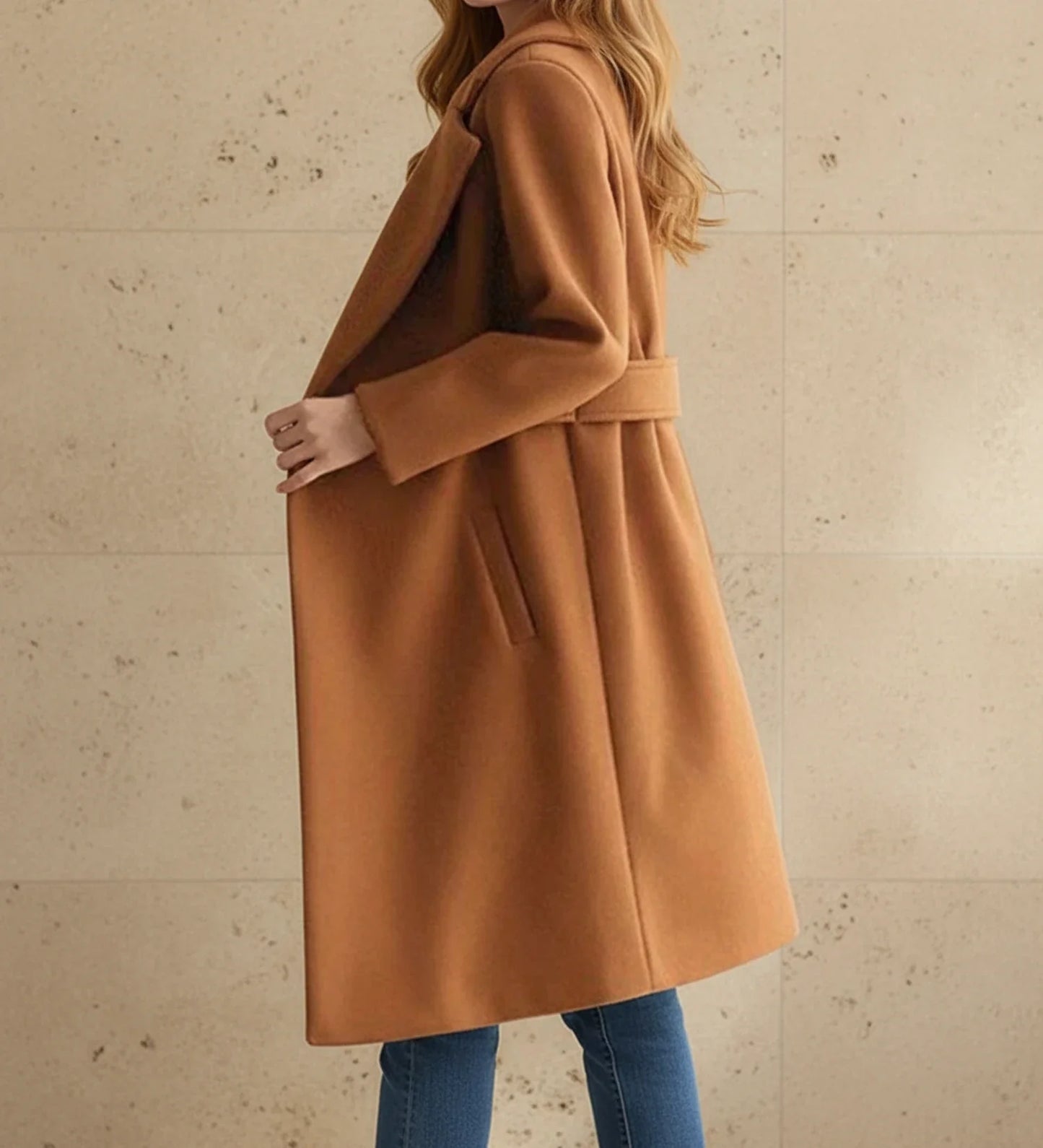 Wide Lapel Tailored Coat with Belt in Camel - detail view