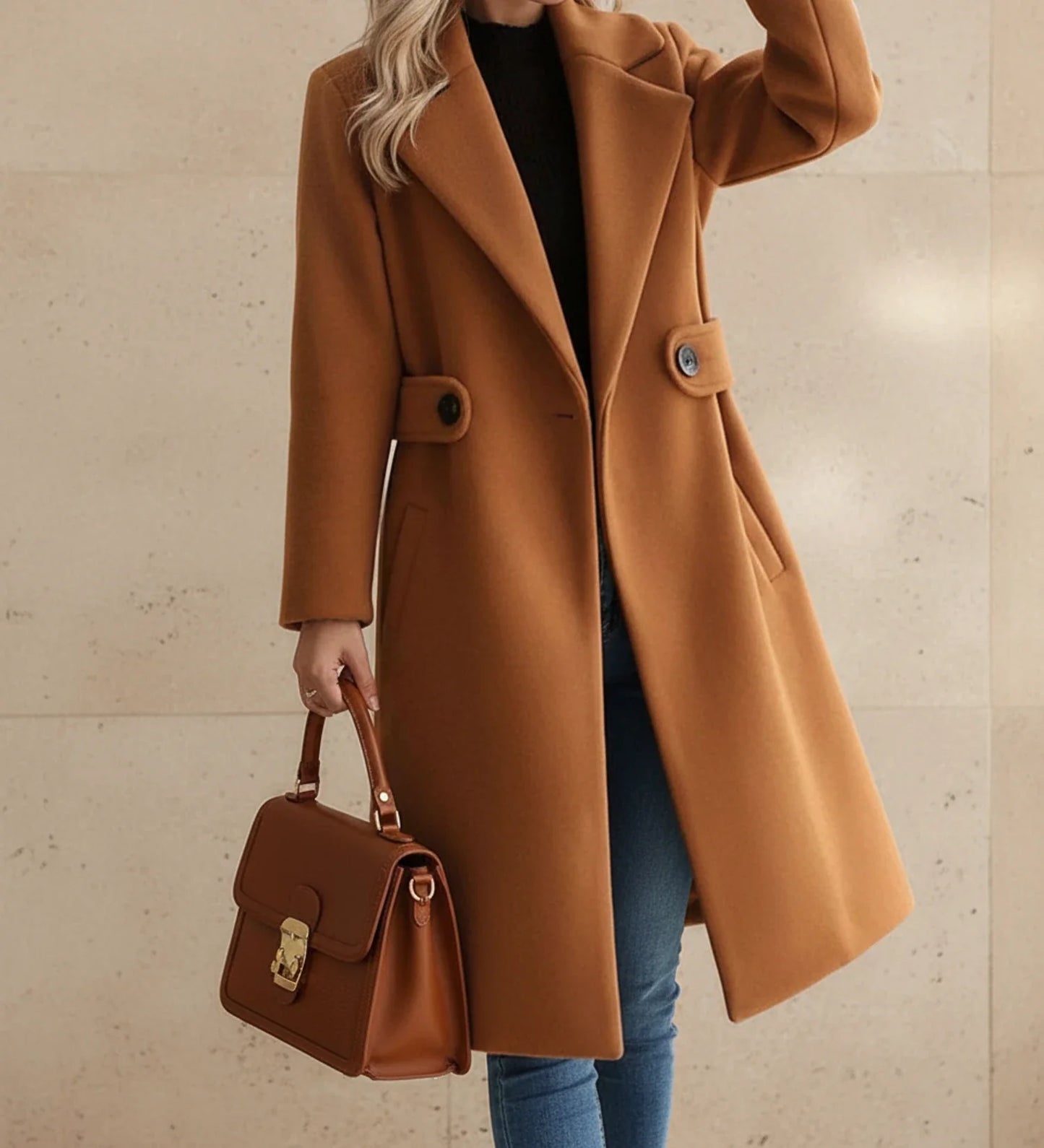Wide Lapel Tailored Coat with Belt in Camel - back view