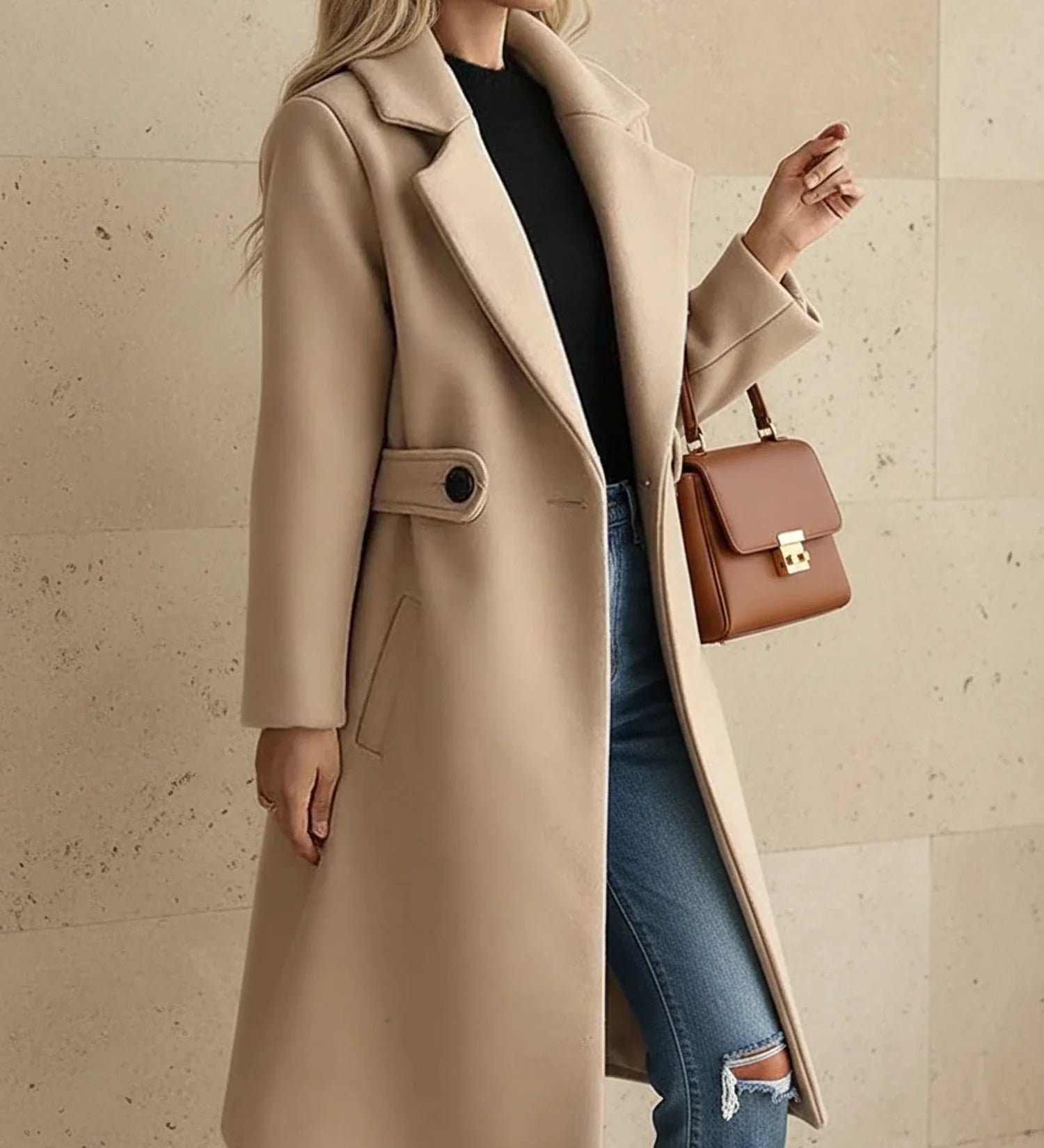 Wide Lapel Tailored Coat with Belt in Camel - side view