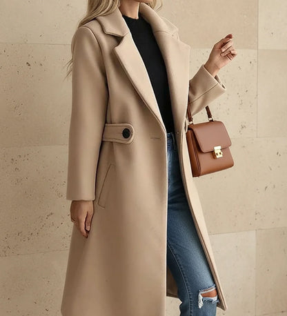 Wide Lapel Tailored Coat with Belt in Camel - side view