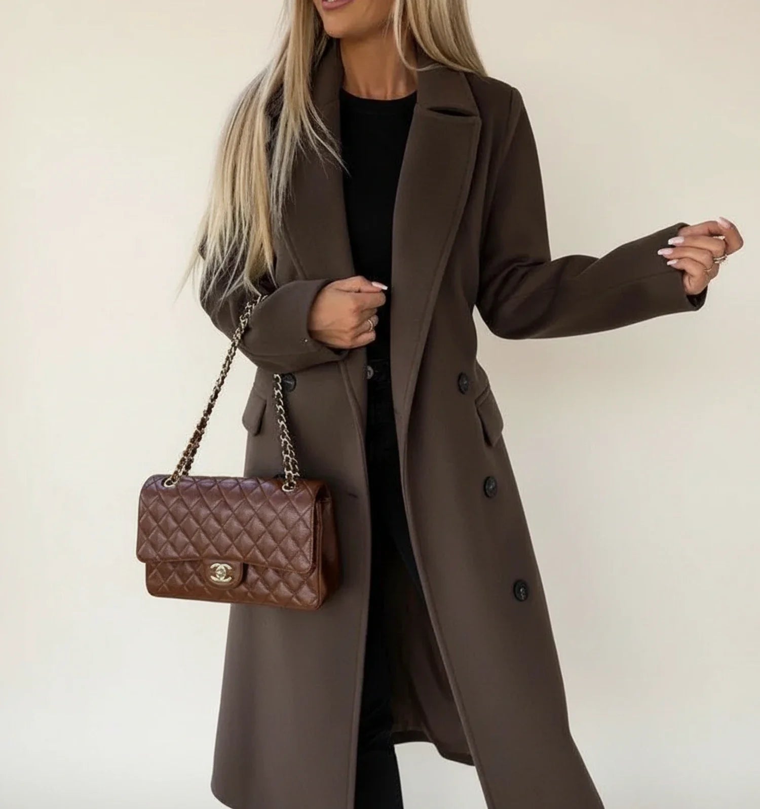 Luvrefashion | Mid Length Winter Overcoat with Belt in Khaki - side view