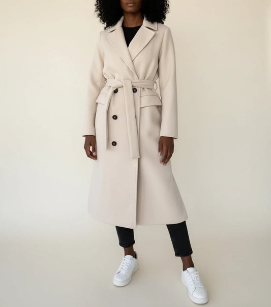 Mid Length Winter Overcoat with Belt in Khaki - front view
