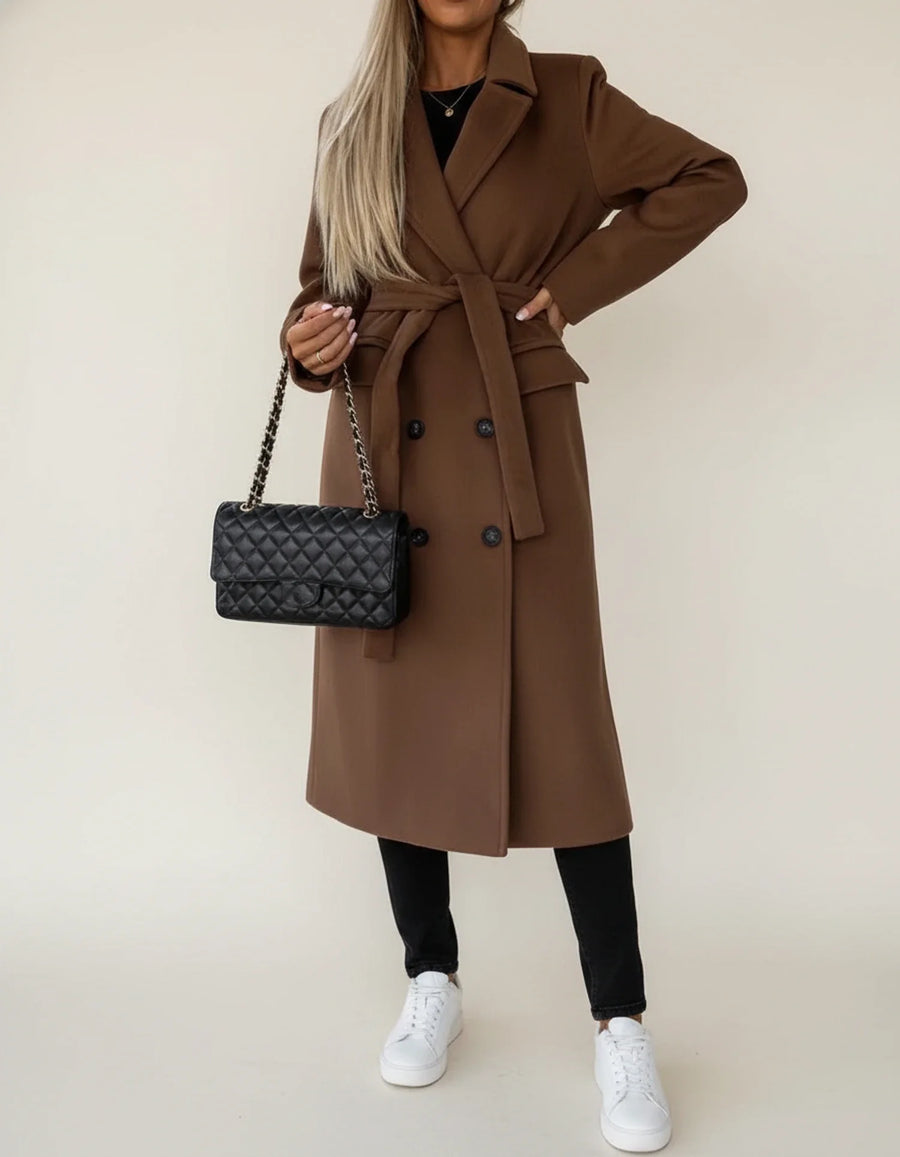Luvrefashion | Mid Length Winter Overcoat with Belt in Khaki - back view