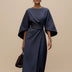 Chic Women's Dress with Belt and Lantern Sleeves - Navy Blue