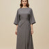 Chic Women's Dress with Belt and Lantern Sleeves - Gray