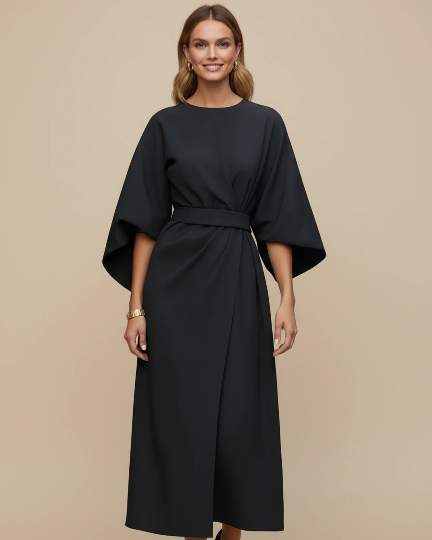 Luvrefashion | Chic Dress with Belt and Lantern Sleeves in Black - front view