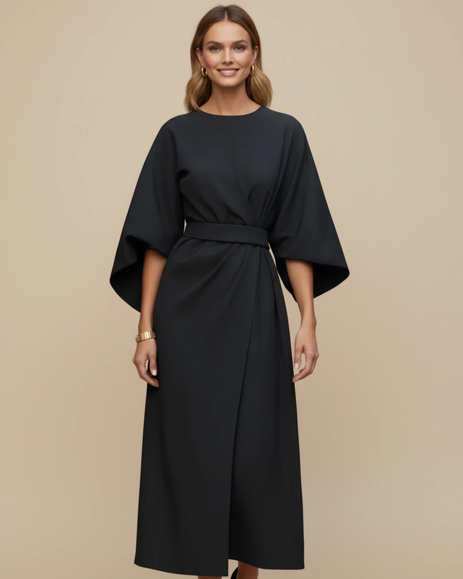 Luvrefashion | Chic Dress with Belt and Lantern Sleeves in Black - front view