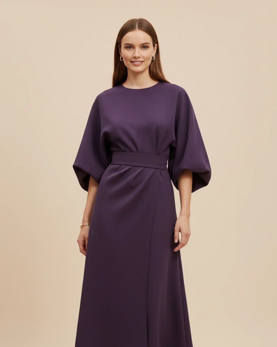 Luvrefashion | Chic Dress with Belt and Lantern Sleeves in Black - detail view