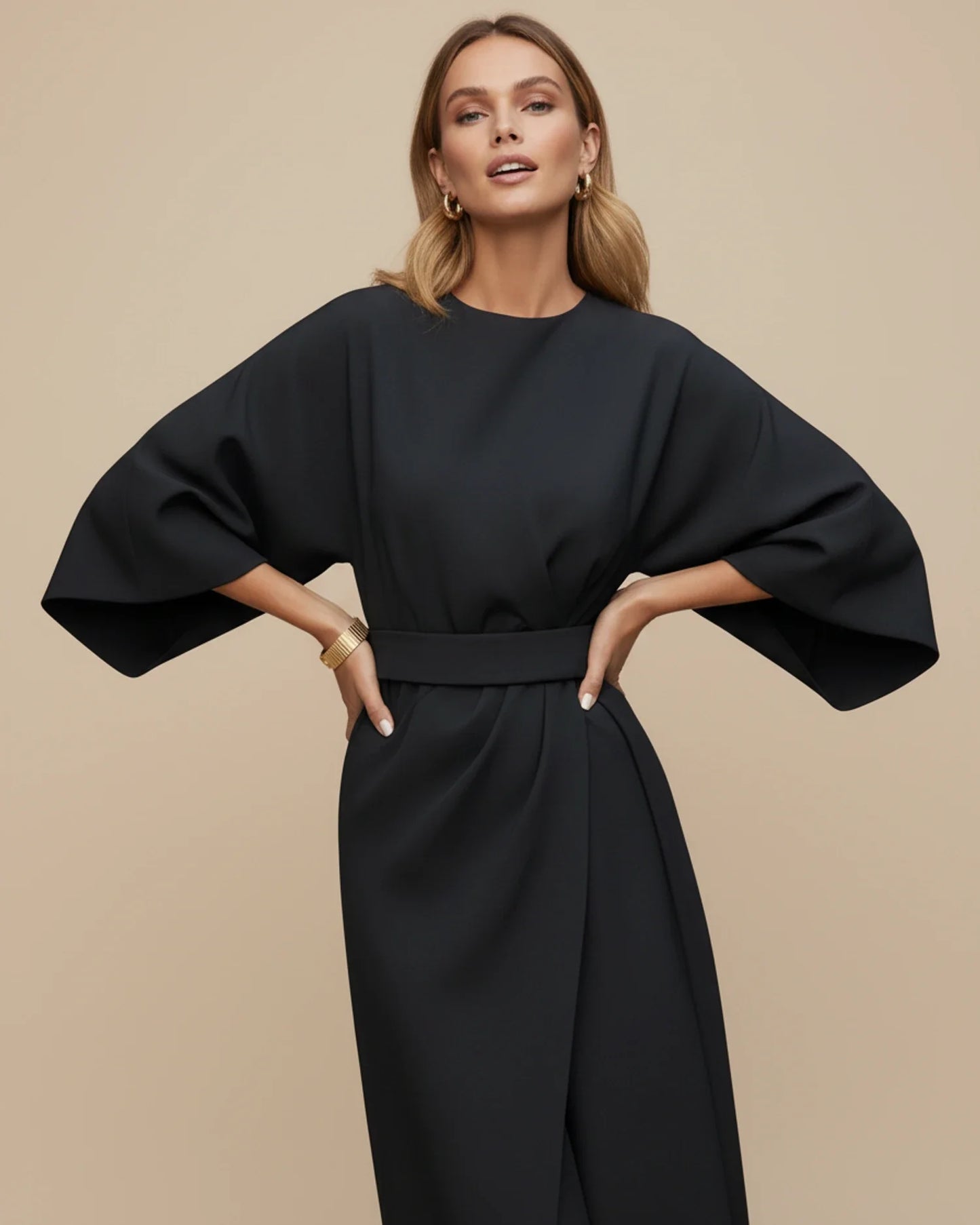 Luvrefashion | Chic Dress with Belt and Lantern Sleeves in Black - side view