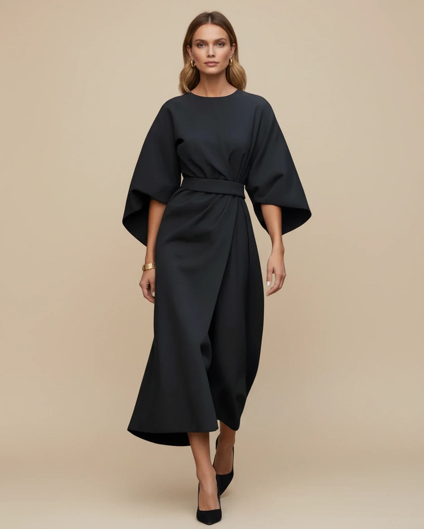 Luvrefashion | Chic Dress with Belt and Lantern Sleeves in Black - back view