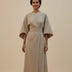 Chic Women's Dress with Belt and Lantern Sleeves - Beige