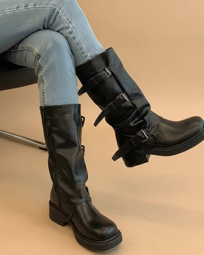 Luvrefashion | Mid Calf Buckle Boots for in Black - side view