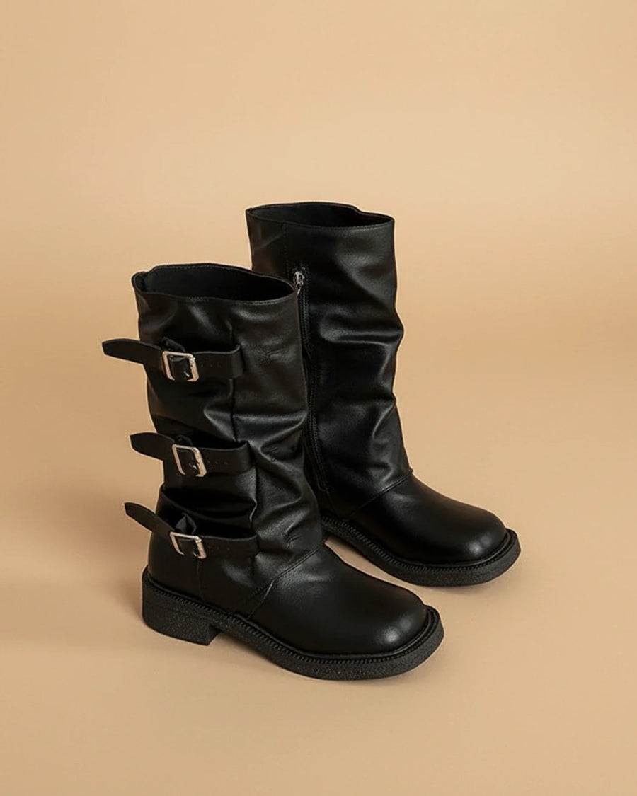 Luvrefashion | Mid Calf Buckle Boots for in Black - back view