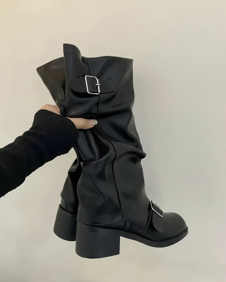 Luvrefashion | Ladies' Knee High Boots with Buckle Detail in Black - side view