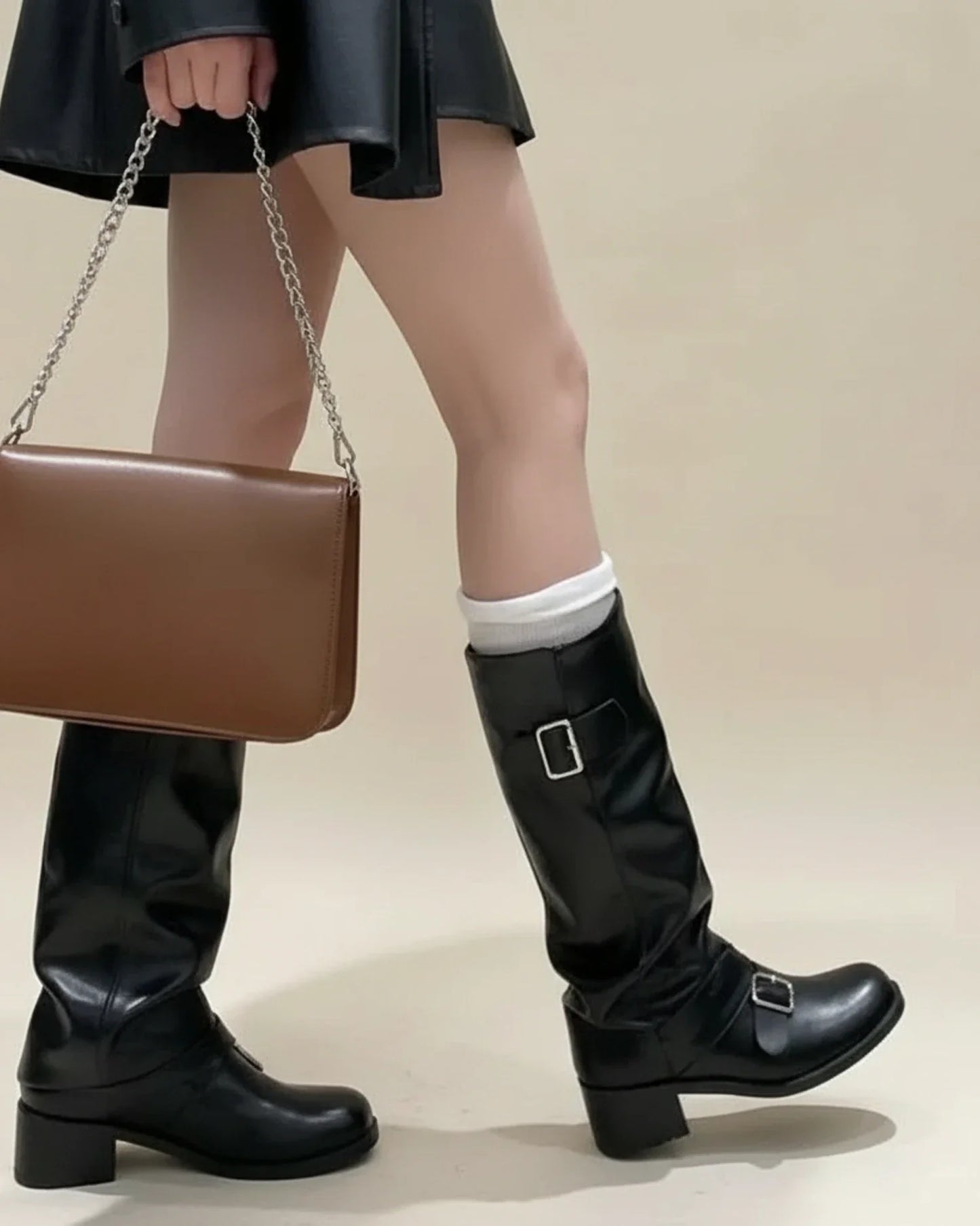 Luvrefashion | Ladies' Knee High Boots with Buckle Detail in Black - front view