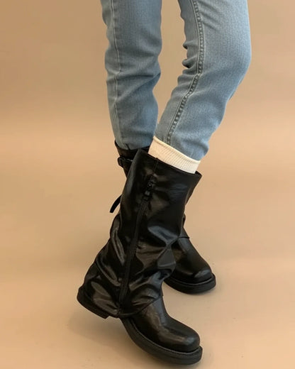 Luvrefashion | Mid Calf Buckle Boots for in Black - front view