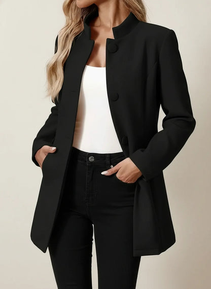 Business Casual Blazer with Stand Collar in Beige - styled look
