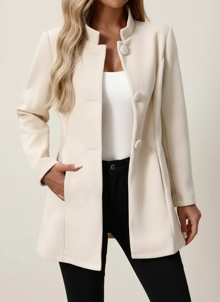 Luvrefashion | Business Casual Blazer with Stand Collar in Beige - front view
