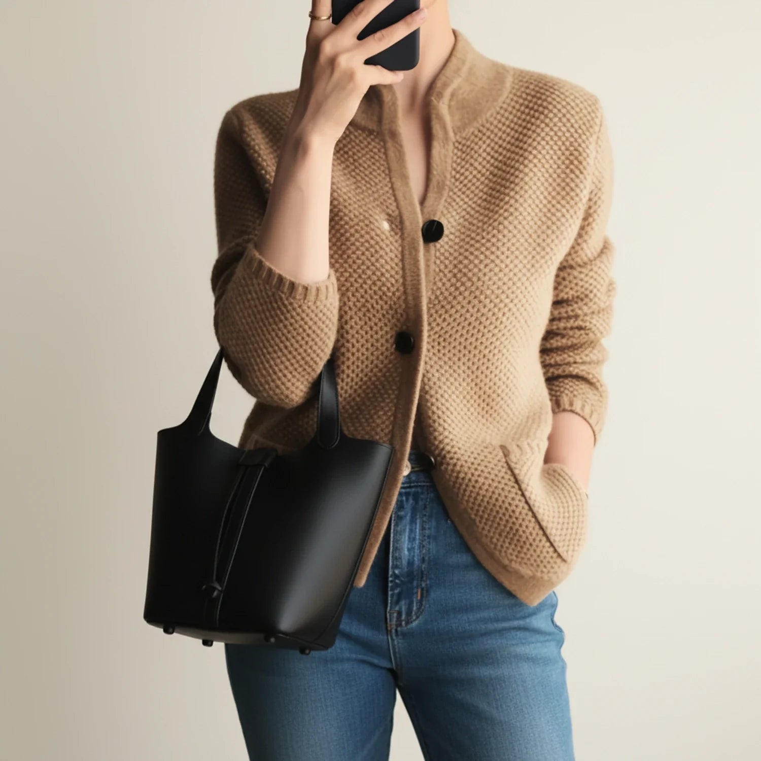 Ladies' Knitted Winter Cardigan Sweater in Brown - front view