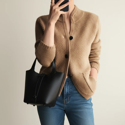 Ladies' Knitted Winter Cardigan Sweater in Brown - front view