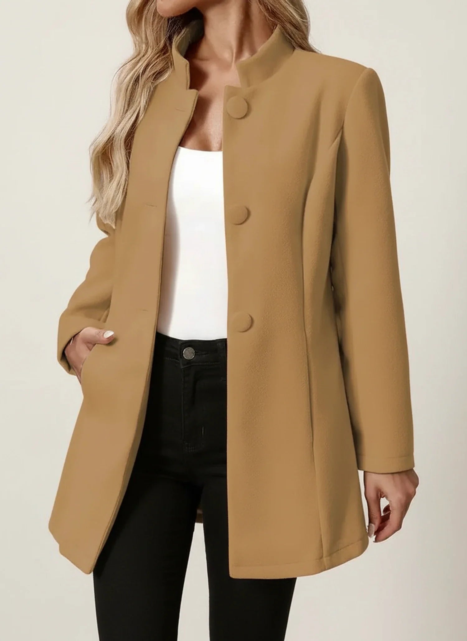 Business Casual Blazer with Stand Collar in Beige - image 9