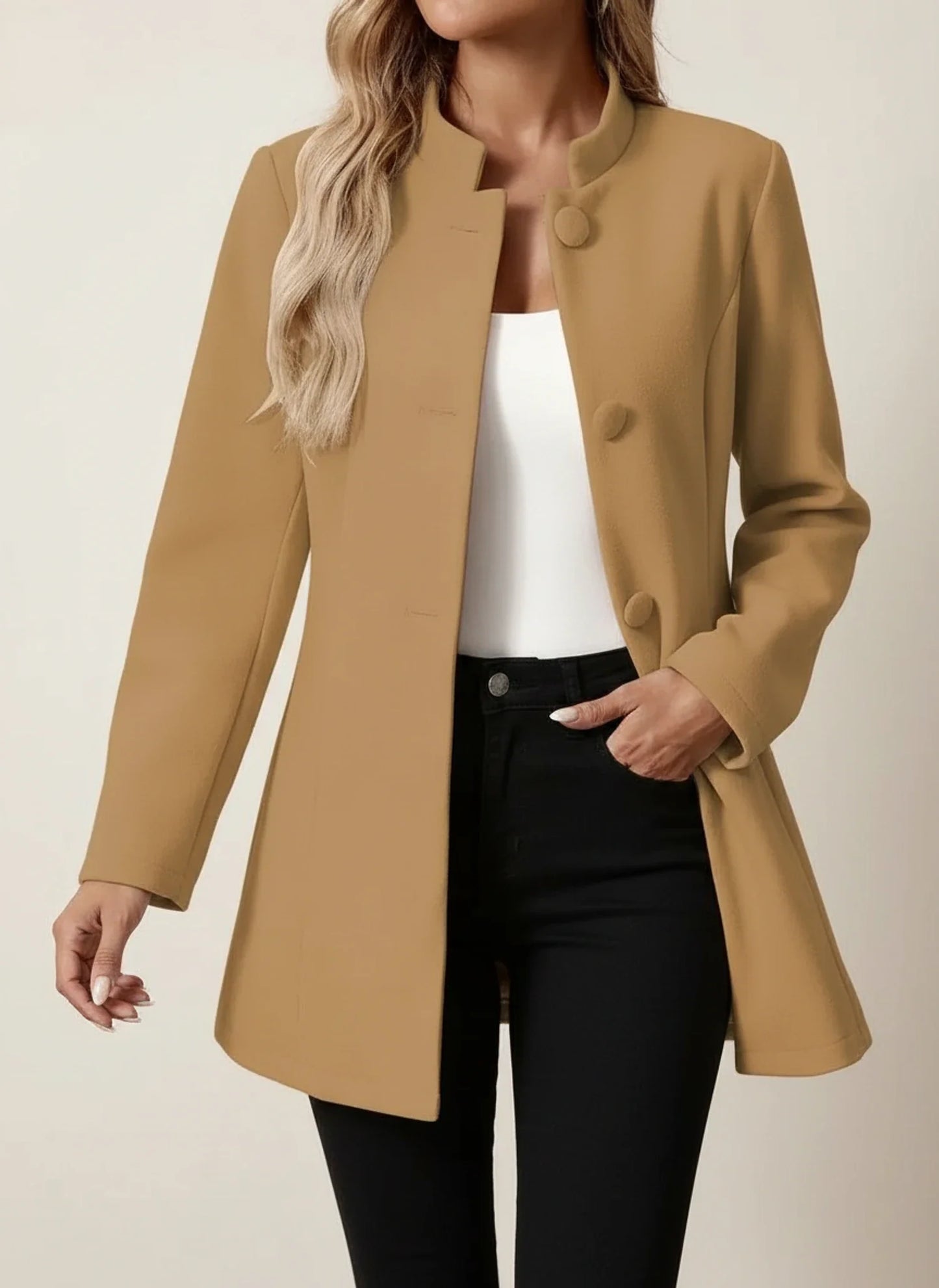 Business Casual Blazer with Stand Collar in Beige - image 8