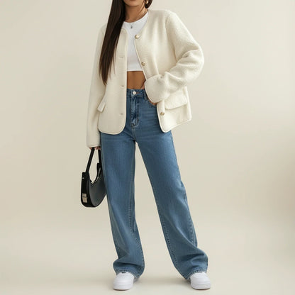 Ladies' Crew Neck Cardigan Blazer in White - detail view