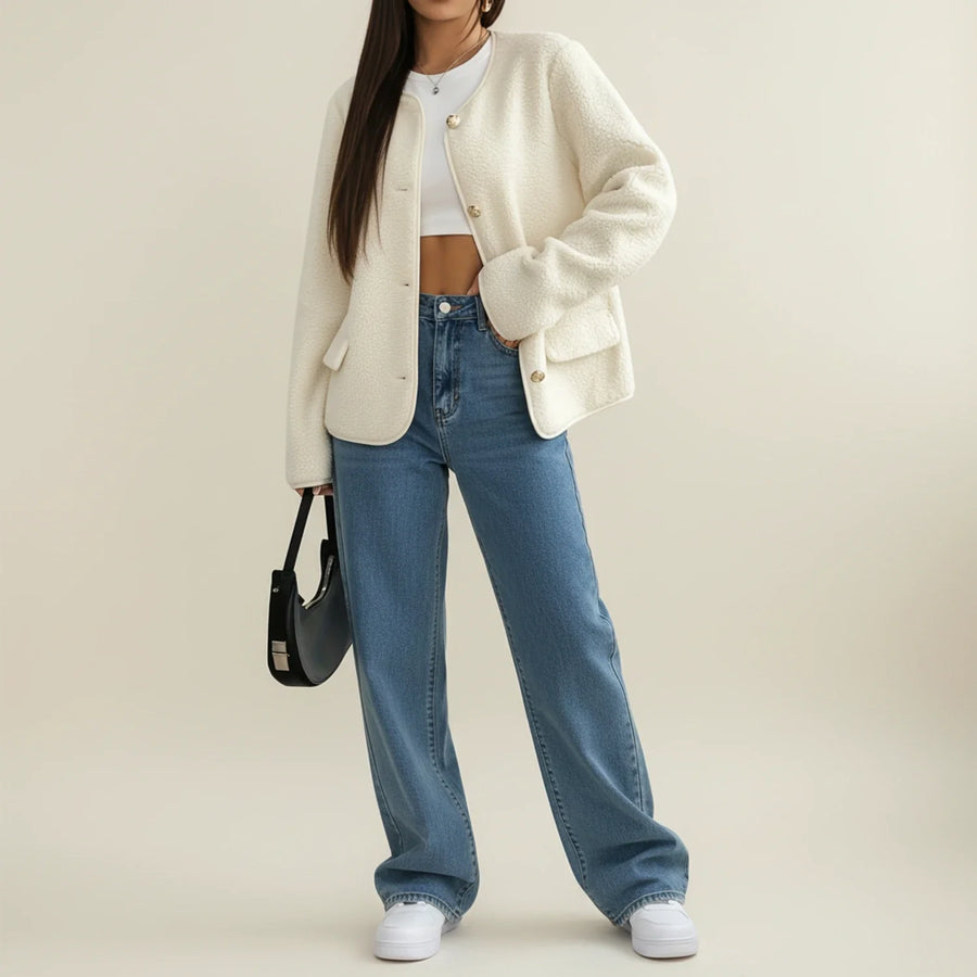 Luvrefashion | Ladies' Crew Neck Cardigan Blazer in White - detail view