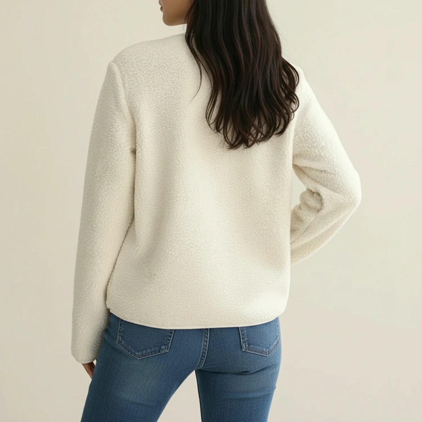 Ladies' Crew Neck Cardigan Blazer in White - back view