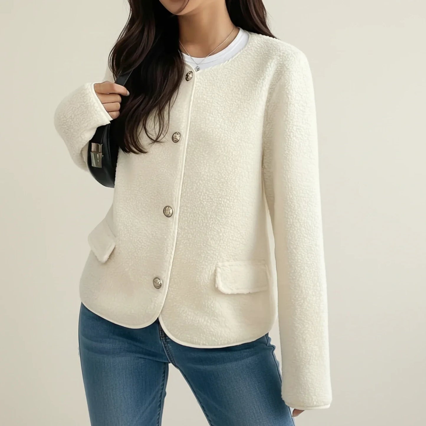 Ladies' Crew Neck Cardigan Blazer in White - side view