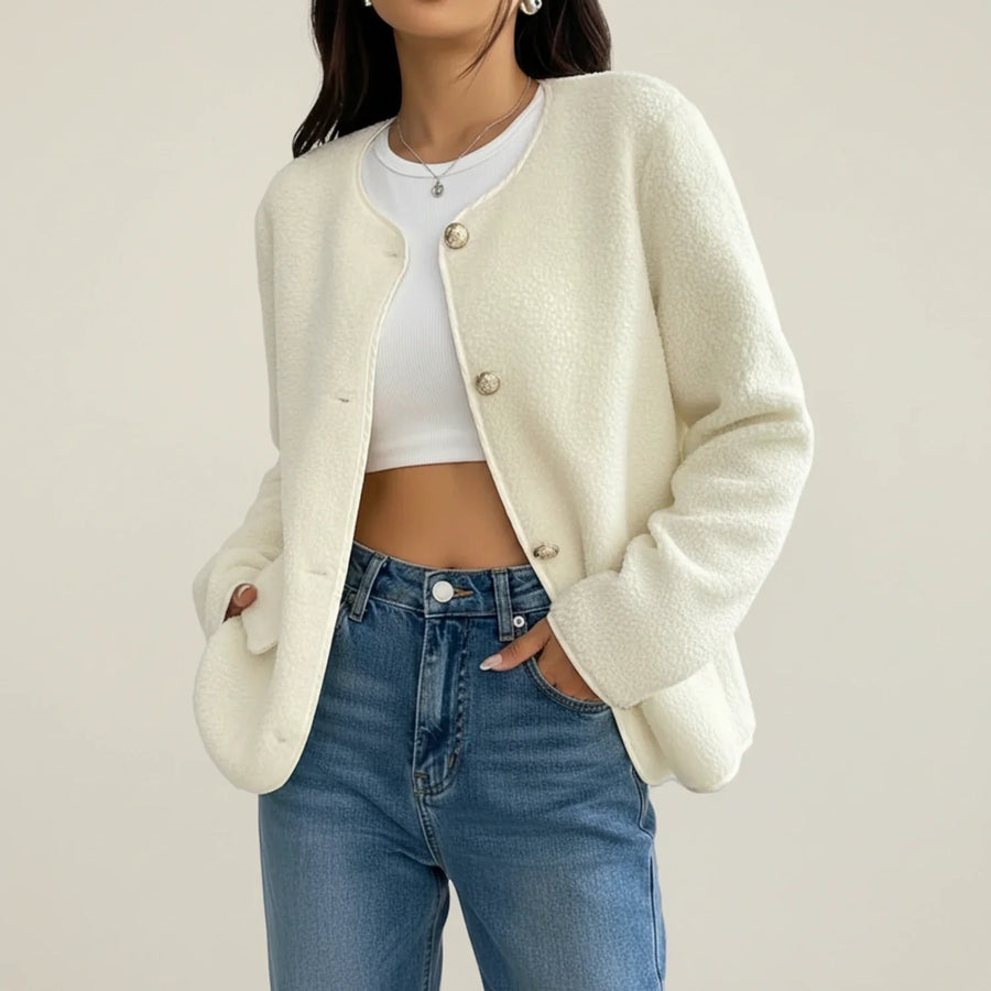 Luvrefashion | Ladies' Crew Neck Cardigan Blazer in White - front view