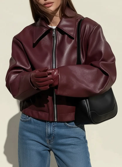 Cropped Jacket with Collar for in Burgundy - side view