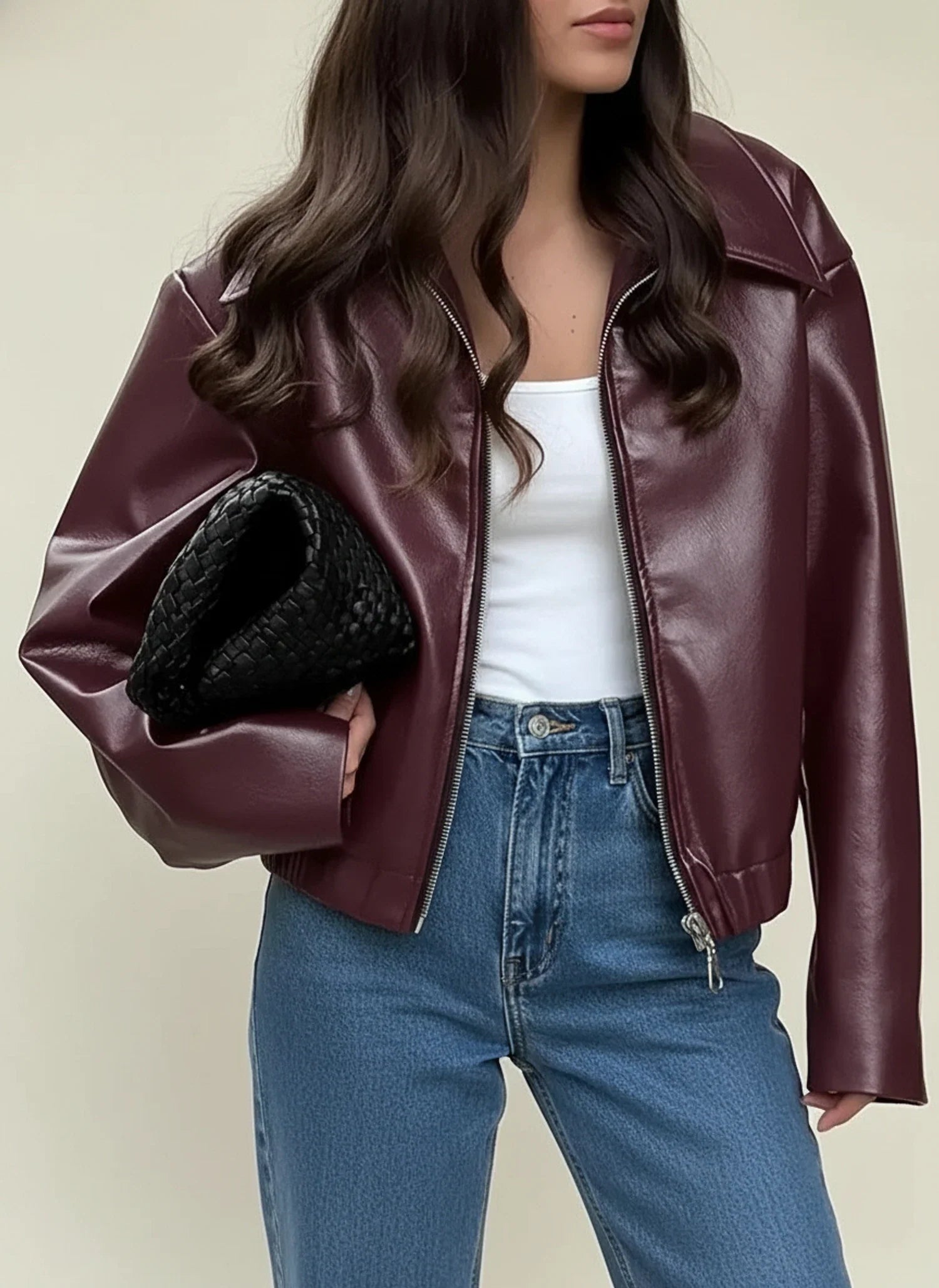 Cropped Jacket with Collar for in Burgundy - front view