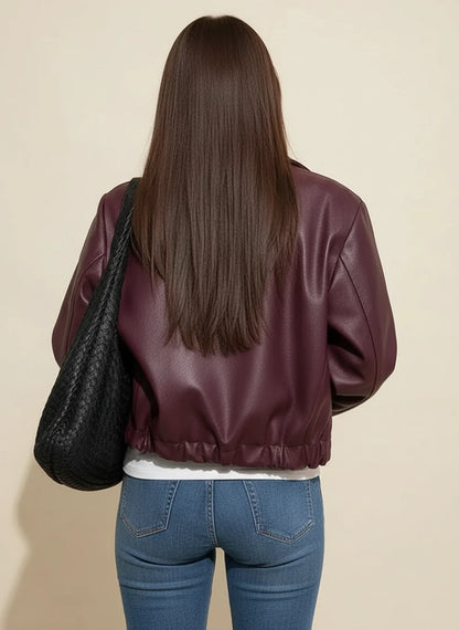 Cropped Jacket with Collar for in Burgundy - back view