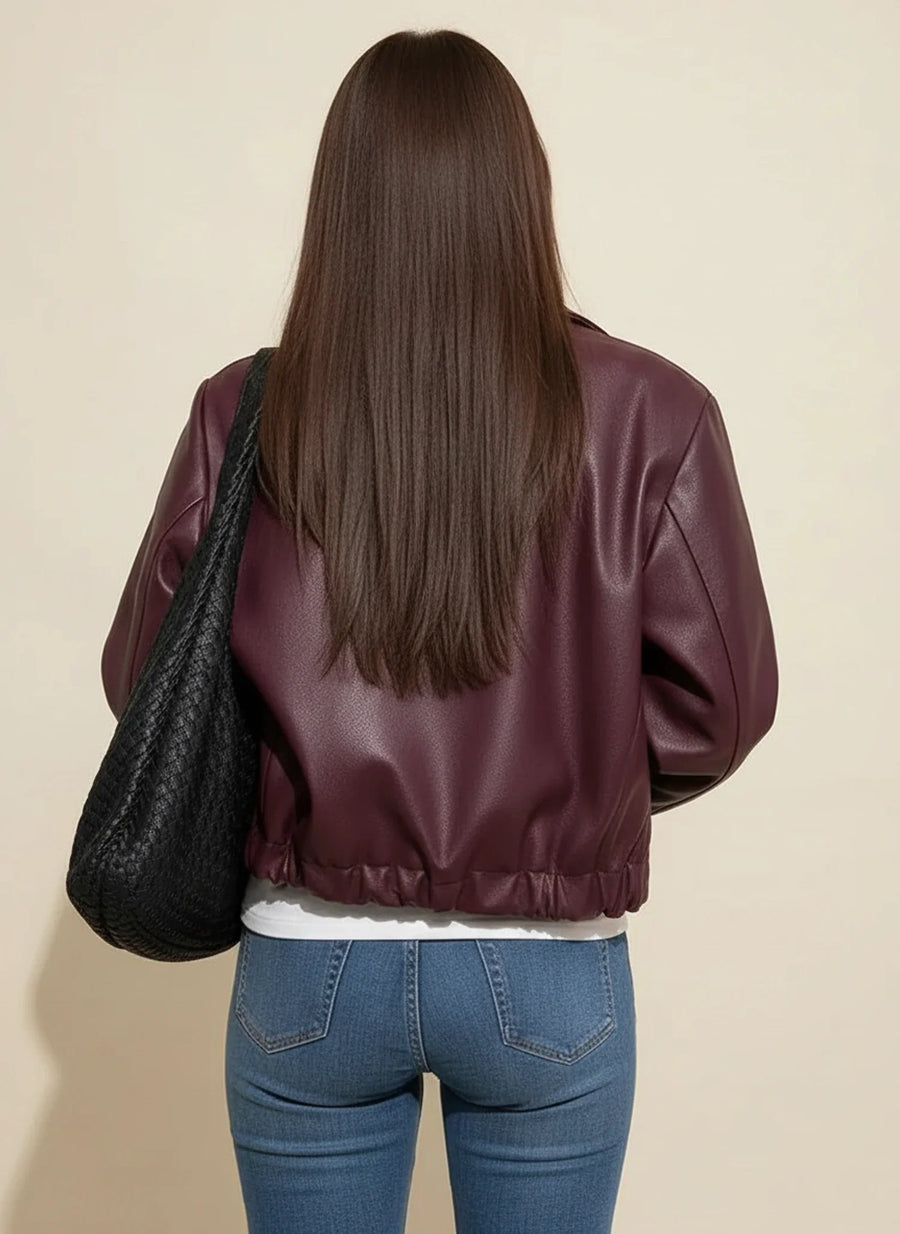 Luvrefashion | Cropped Jacket with Collar for in Burgundy - back view