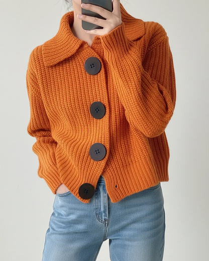 Knit Collar Cropped Cardigan Sweater in Orange - front view